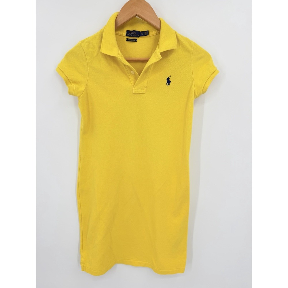 RALPH LAUREN Mesh‎ Mini Sport DRESS XS Yellow BLUE PONY Logo Preppy Collar Pique
